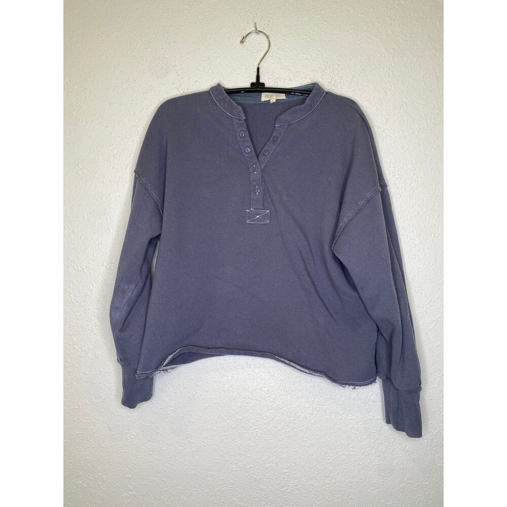 Roolee Blue Henley Long Sleeve  Ribbed Crop Thermal/Sheatshirt Pullover EUC Sz M